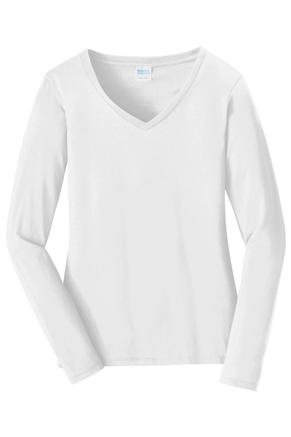Front View of White Port & Company Women's Long Sleeve Fan Favorite V-Neck Tee. LPC450VLS
