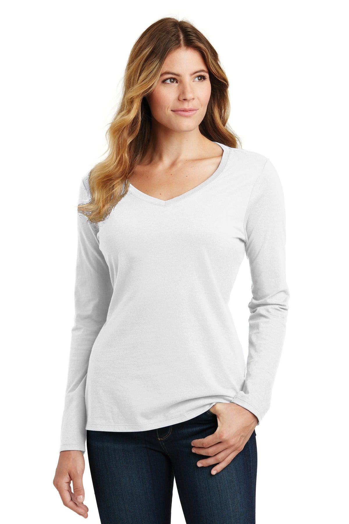Front View of White Port & Company Women's Long Sleeve Fan Favorite V-Neck Tee. LPC450VLS