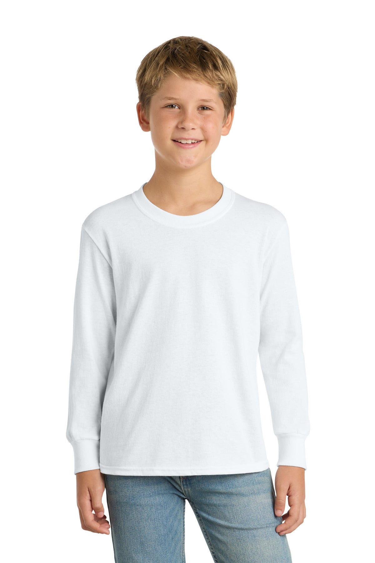 Front View of White Port & Company Youth Long Sleeve Core Cotton Tee. PC54YLS