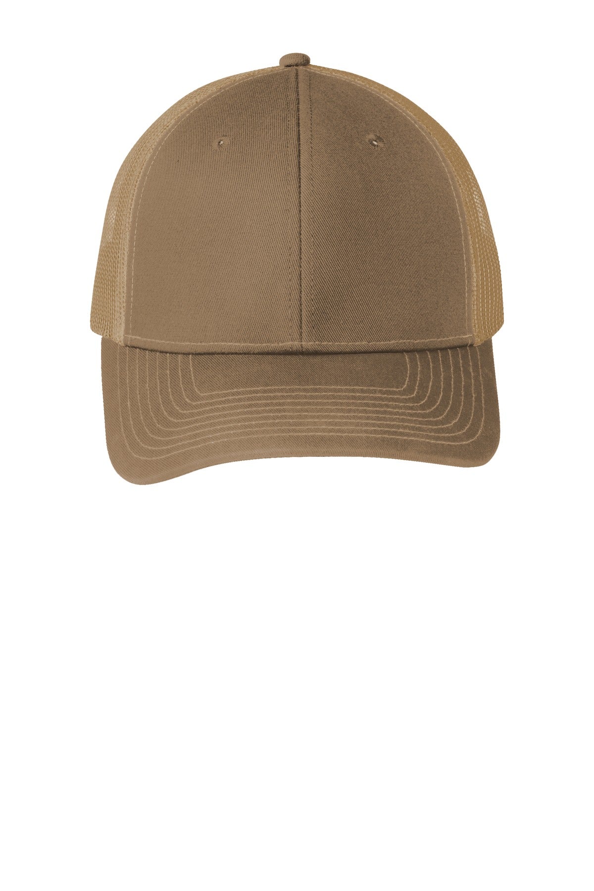 Front View of Woodland Brown Port Authority Snapback Trucker Cap. C112