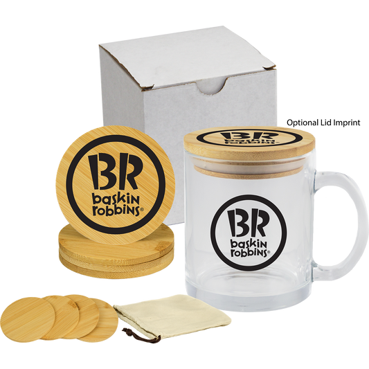 Glass Mug & Bamboo Coaster Gift Set in White Box