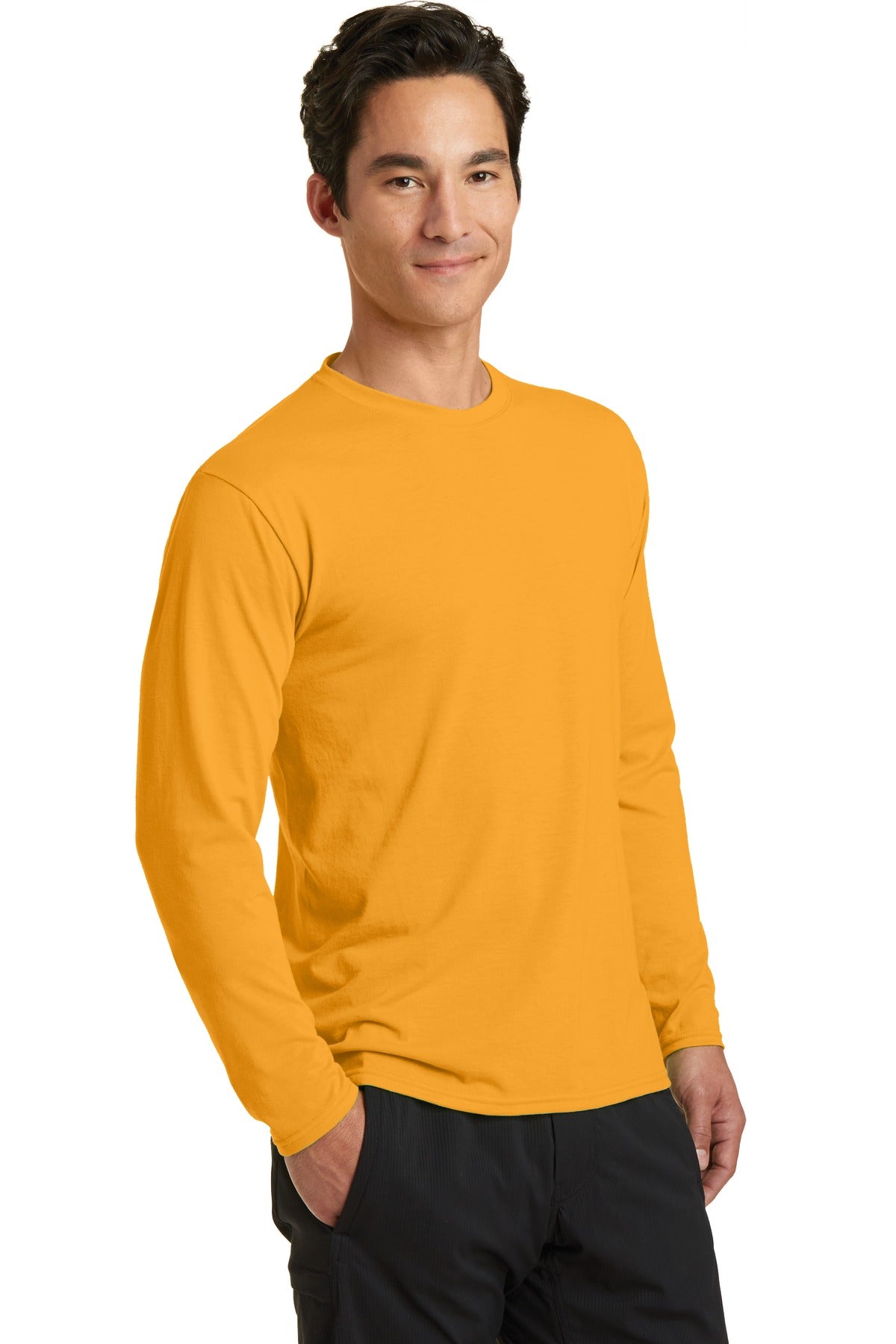 Gold Port & Company Long Sleeve Performance Blend Tee. PC381LS