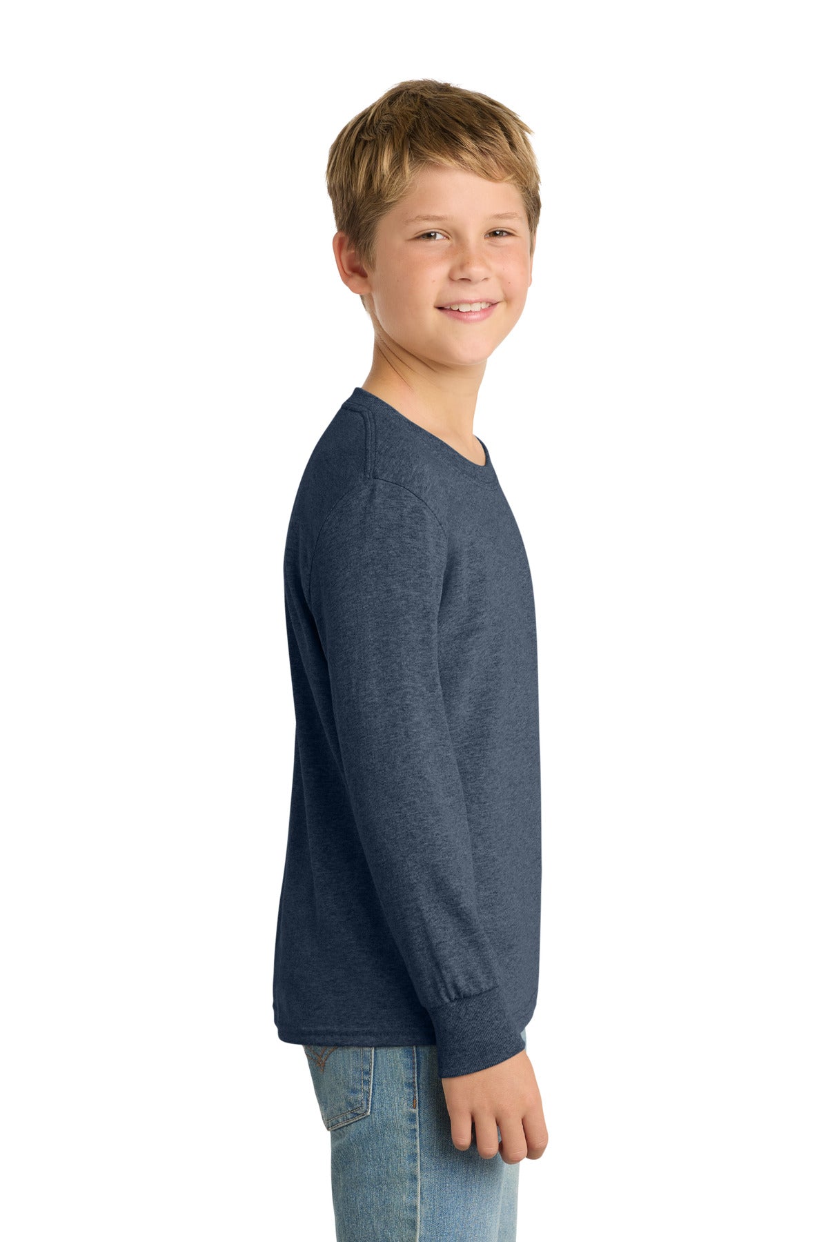 Heather Navy Port & Company Youth Long Sleeve Core Cotton Tee. PC54YLS