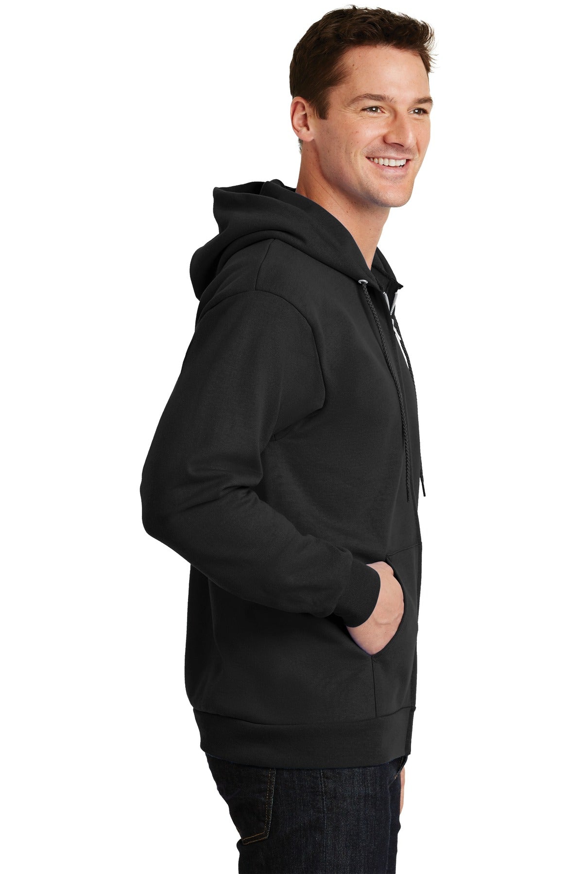 Jet Black Port & Company Essential Fleece Full-Zip Hooded Sweatshirt. PC90ZH