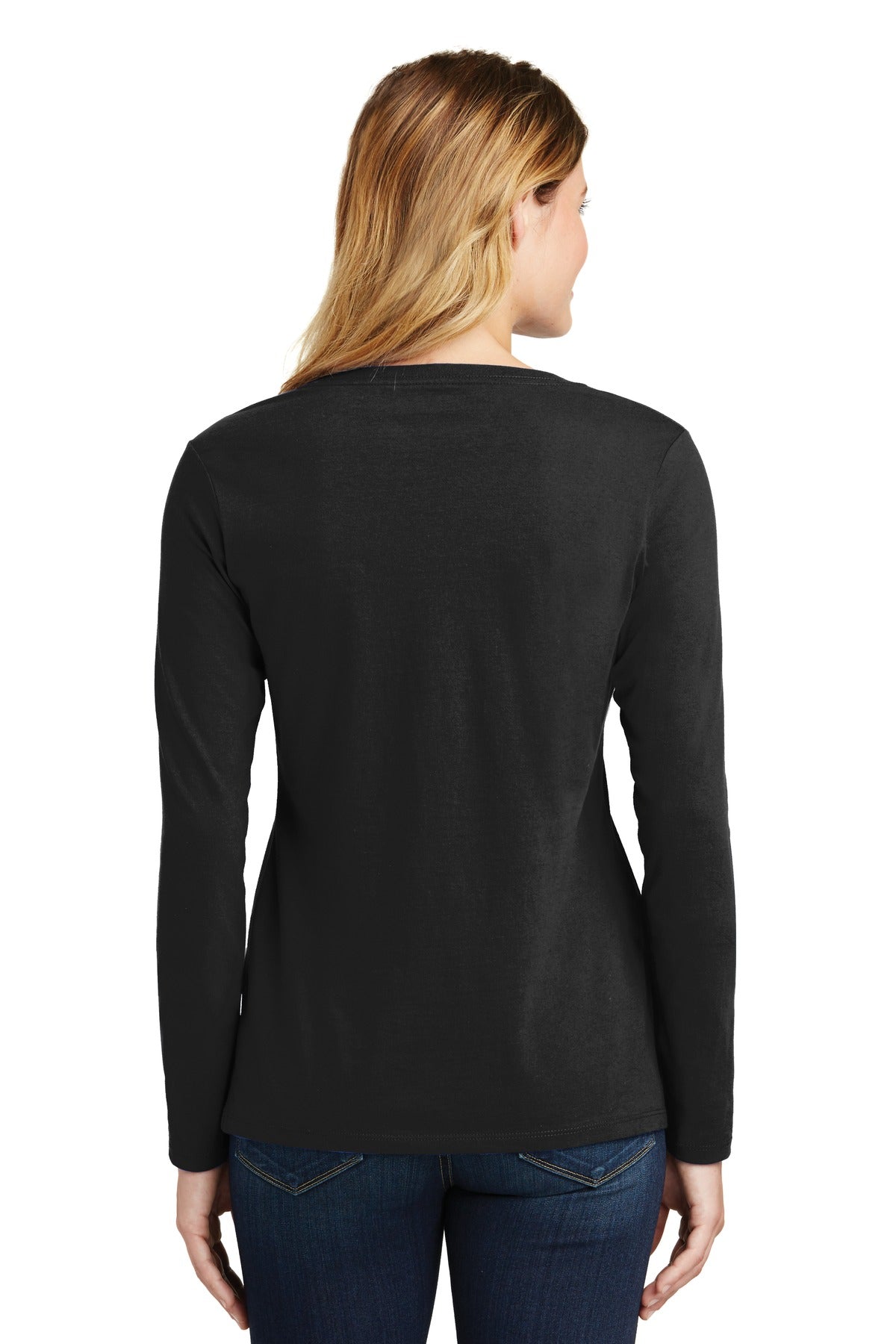 Jet Black Port & Company Women's Long Sleeve Fan Favorite V-Neck Tee. LPC450VLS