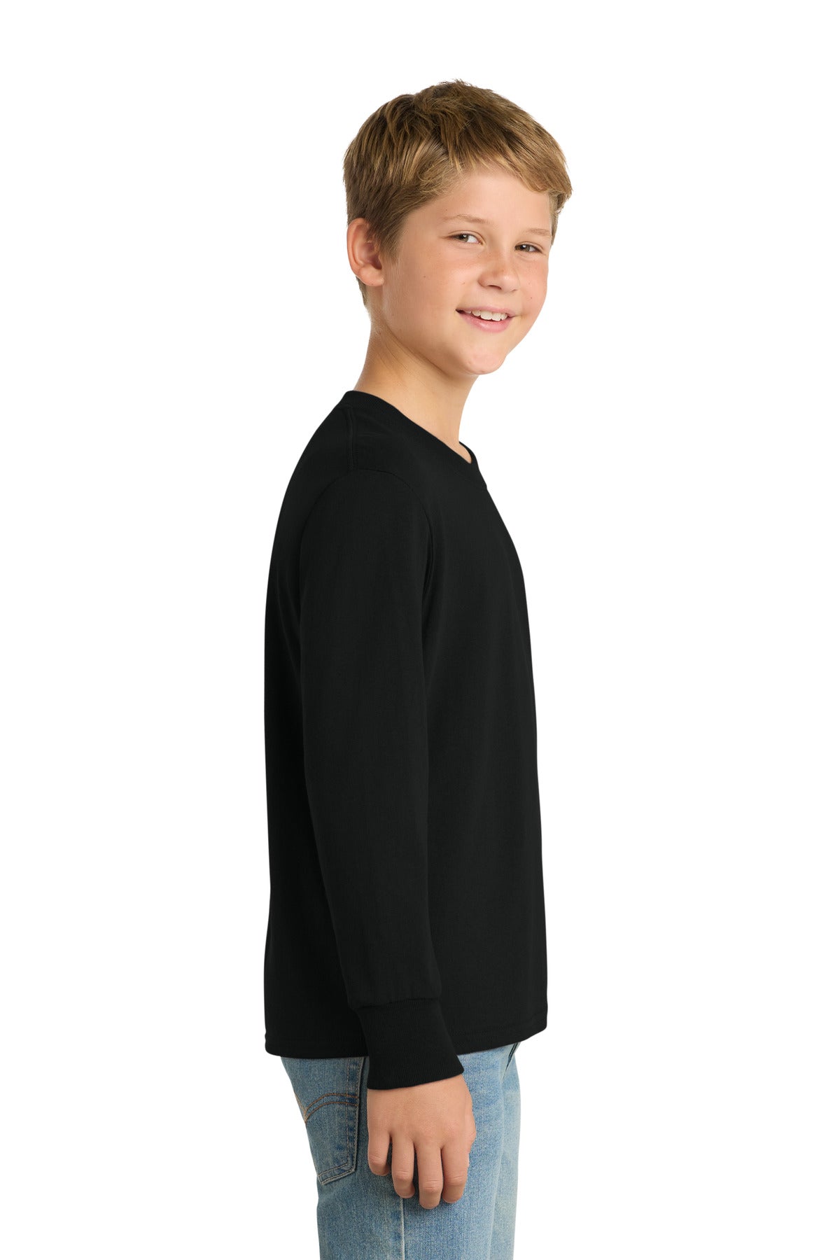 Jet Black Port & Company Youth Long Sleeve Core Cotton Tee. PC54YLS