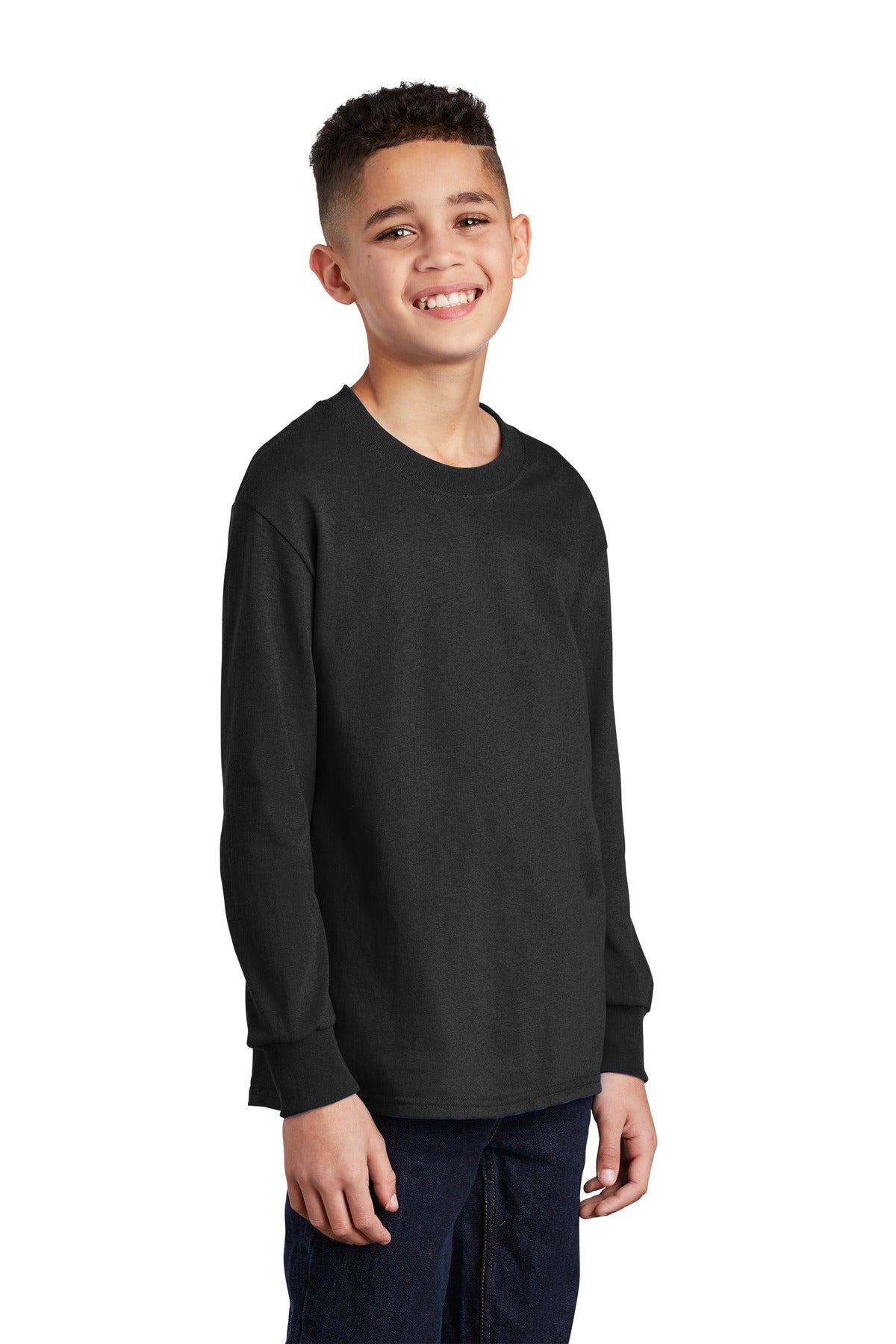 Jet Black Port & Company Youth Long Sleeve Core Cotton Tee. PC54YLS