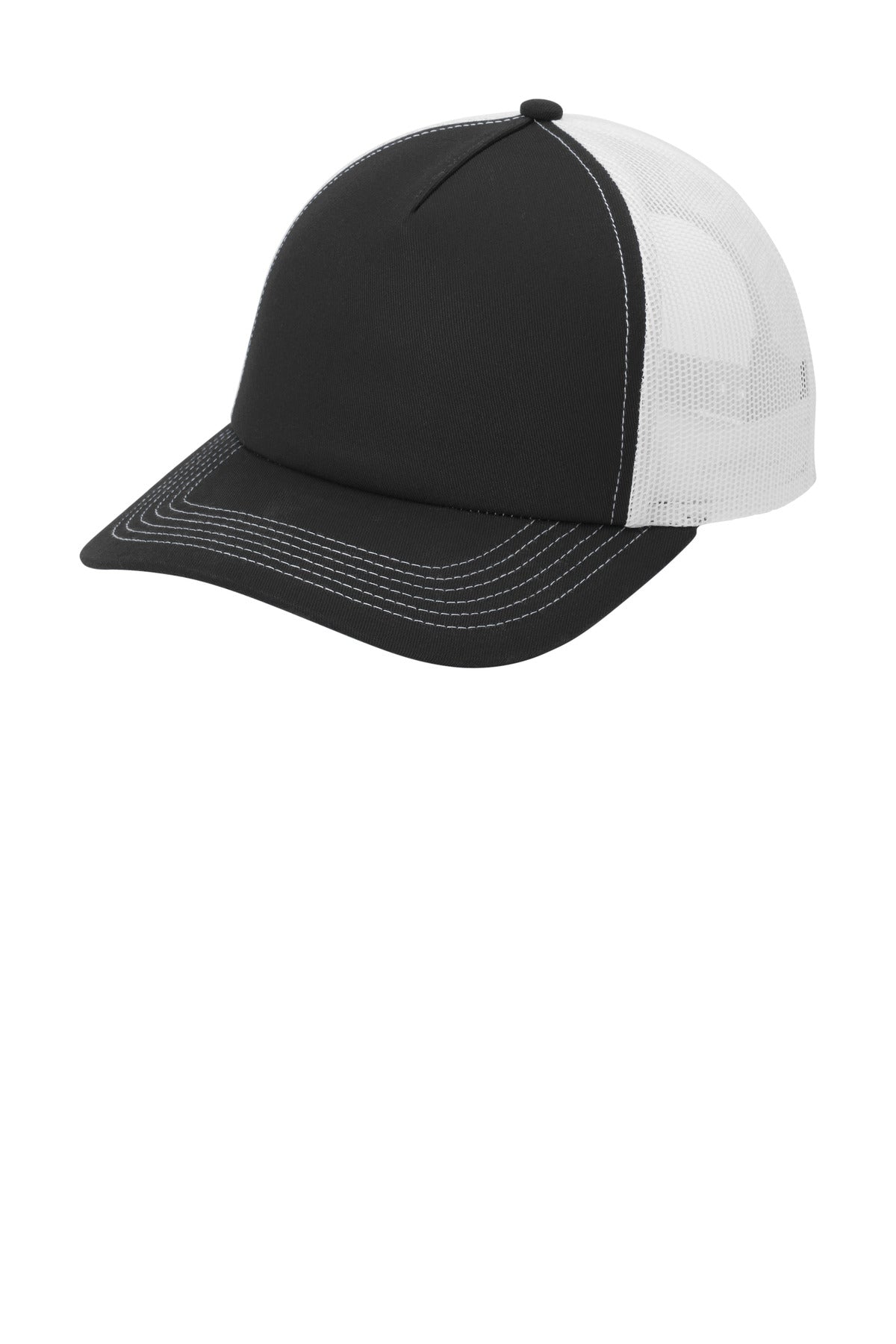 Left View of Blk/White Port Authority Low-Profile Snapback 5-Panel Trucker Cap C115LP