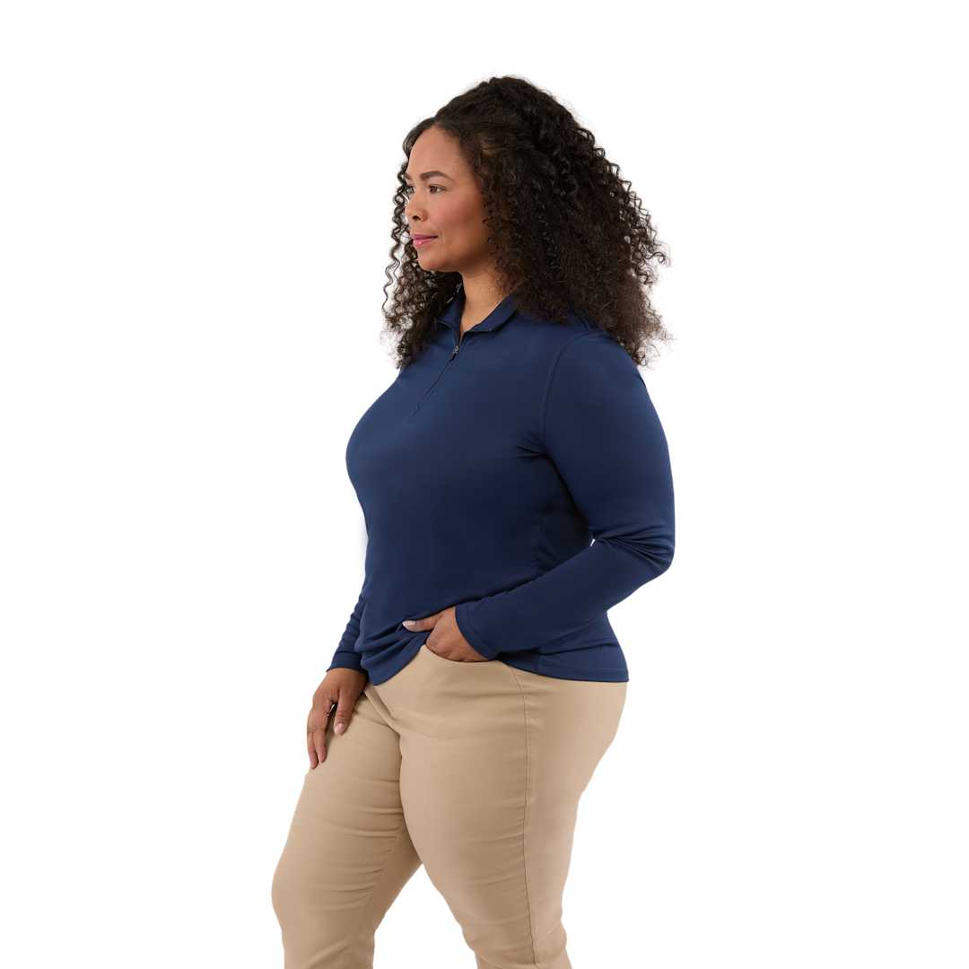 Left View of Blue DARA Knit Quarter Zip - Women's plain