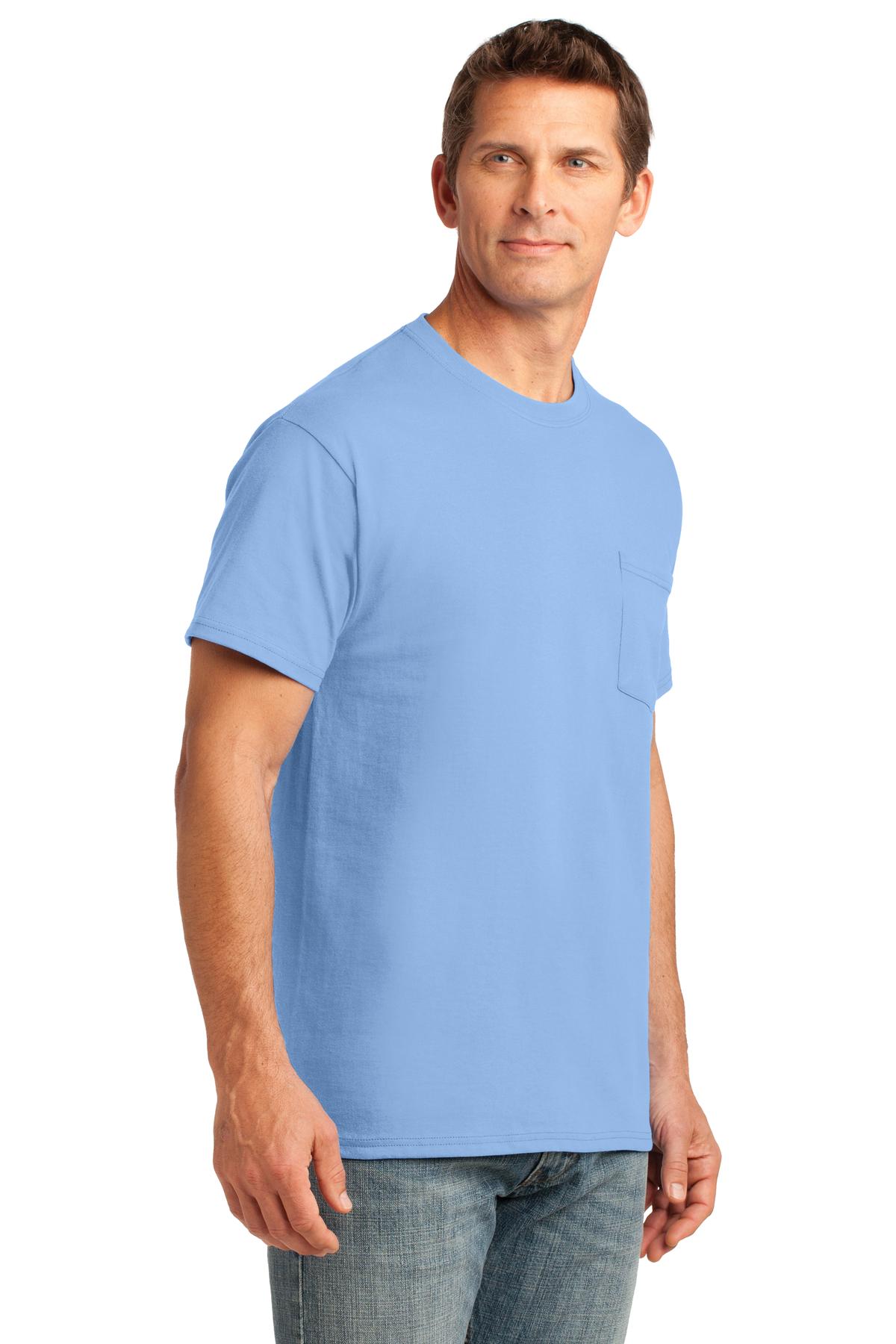 Light Blue Port & Company Core Cotton Pocket Tee. PC54P