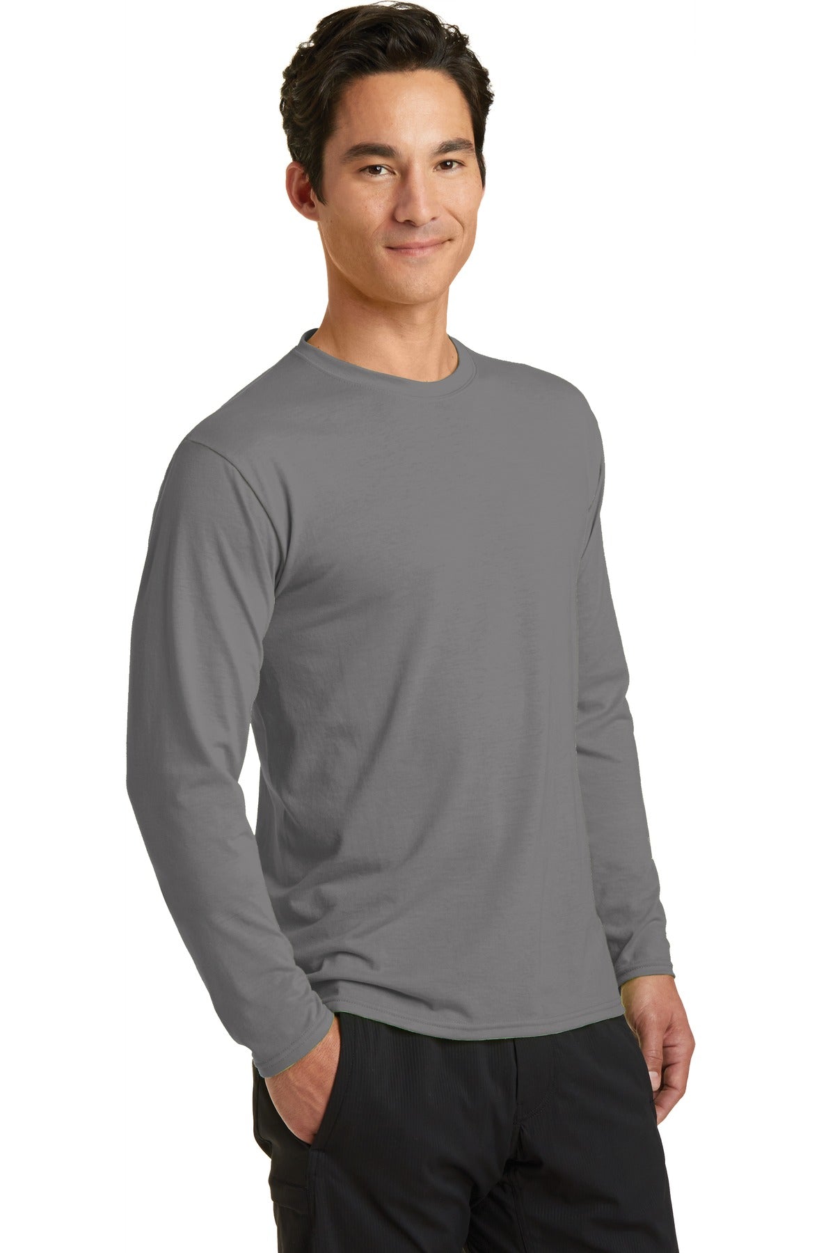 Medium Grey Port & Company Long Sleeve Performance Blend Tee. PC381LS