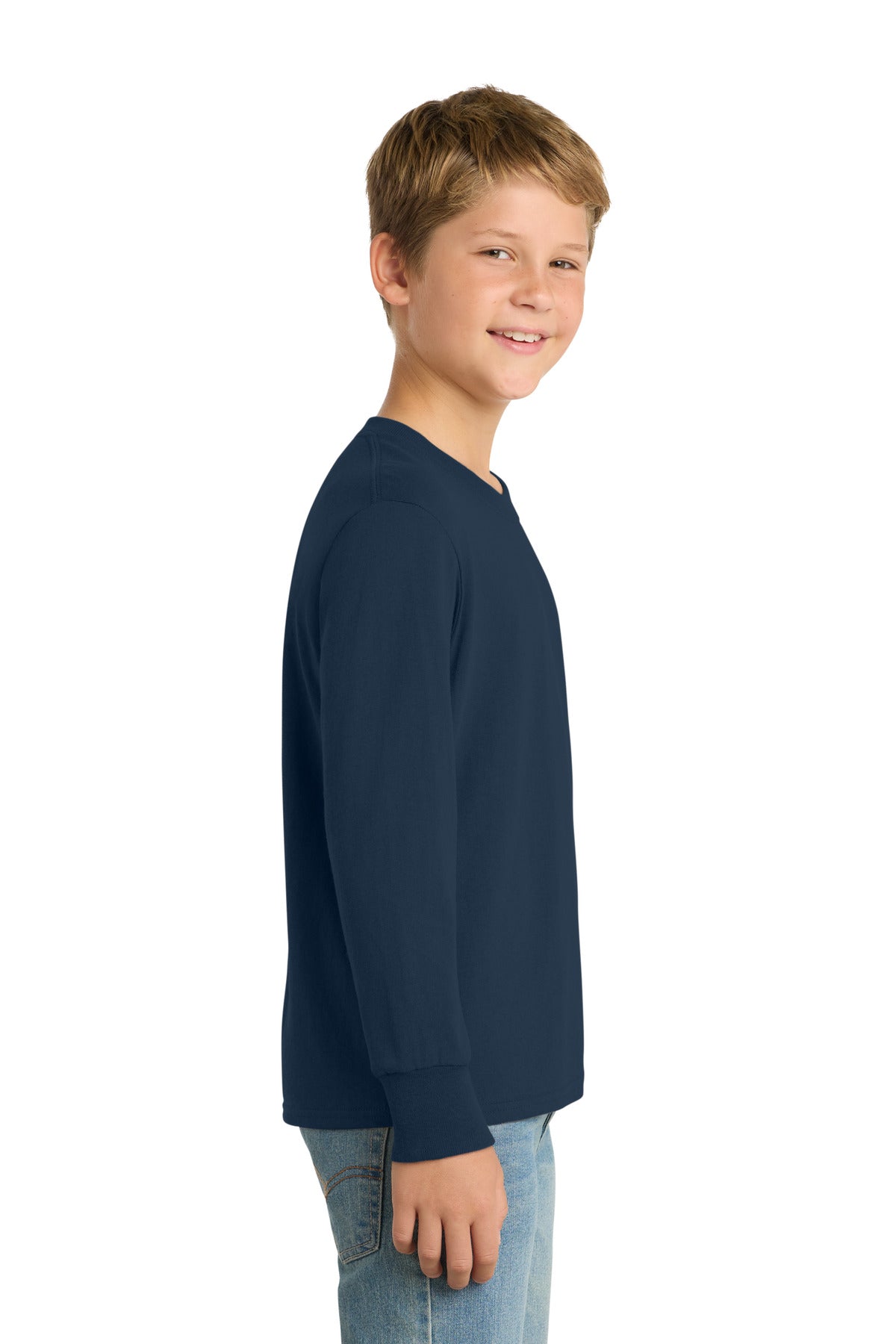 Navy Port & Company Youth Long Sleeve Core Cotton Tee. PC54YLS