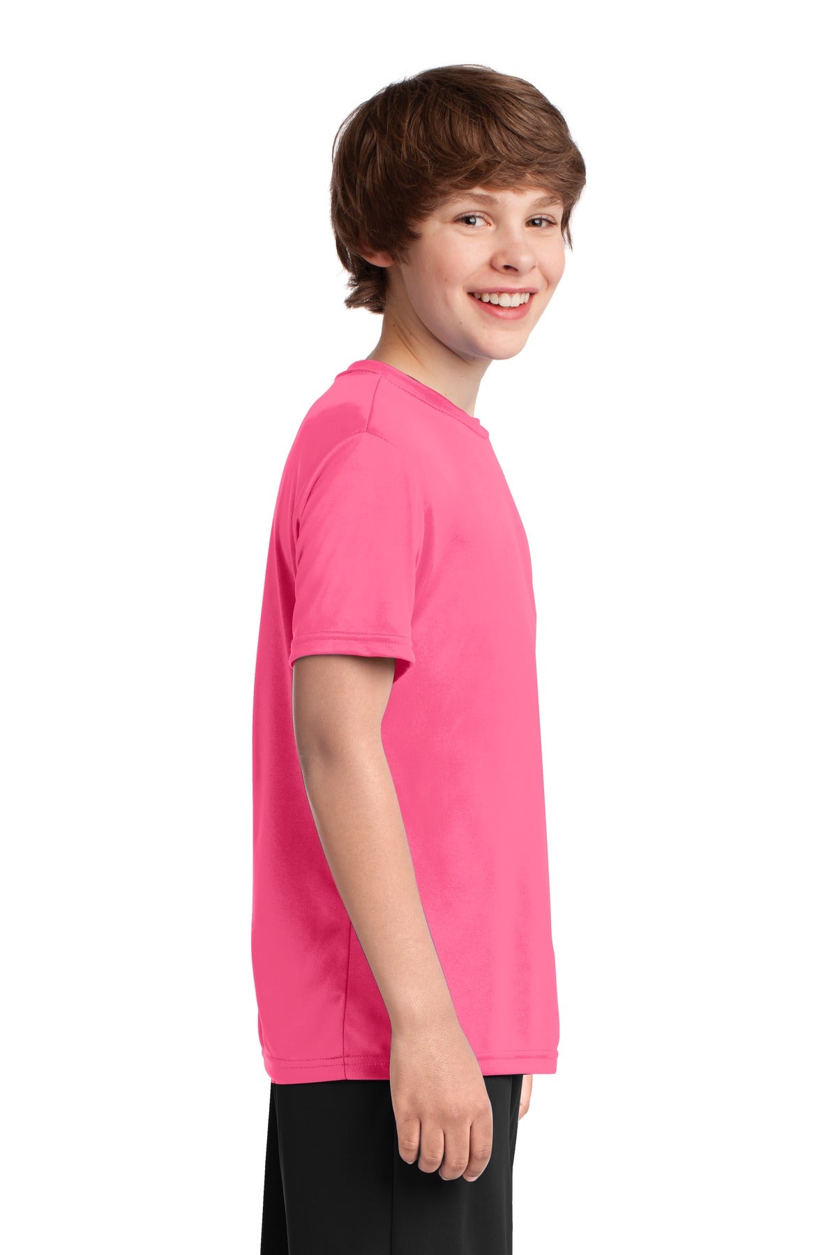 Neon Pink Port & Company Youth Performance Tee. PC380Y