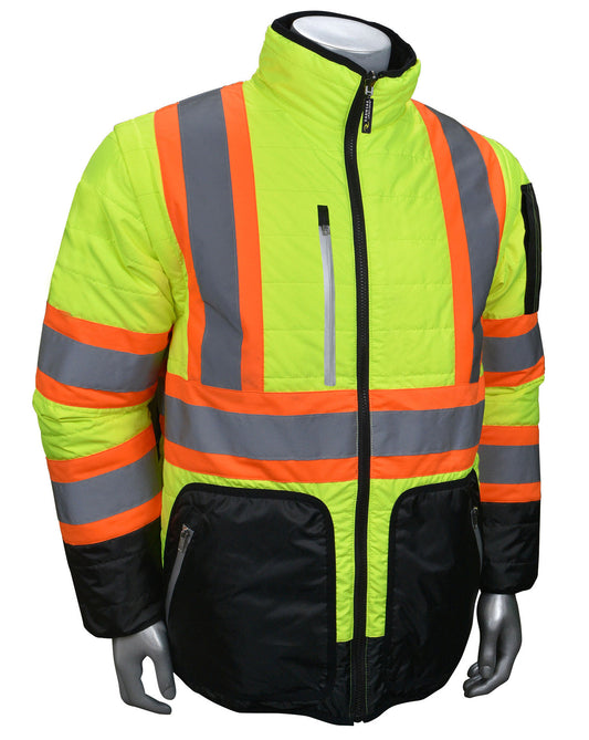 SJ510X-3 Quilted Reversible Jacket with Zip-Off Sleeves X-Back - Hi Vis Green - Size XL