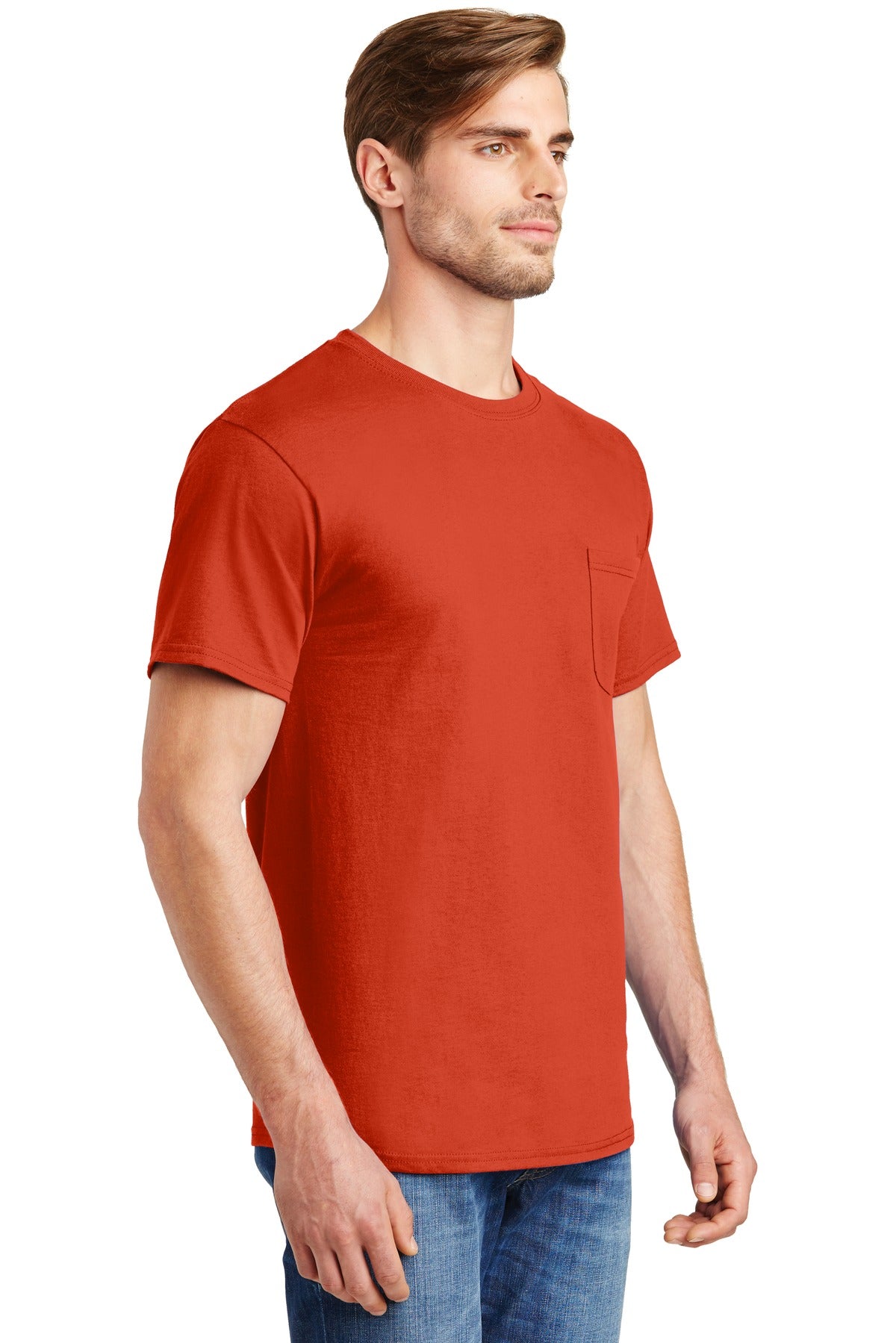 Orange Hanes - Authentic 100% Cotton T-Shirt with Pocket. 5590