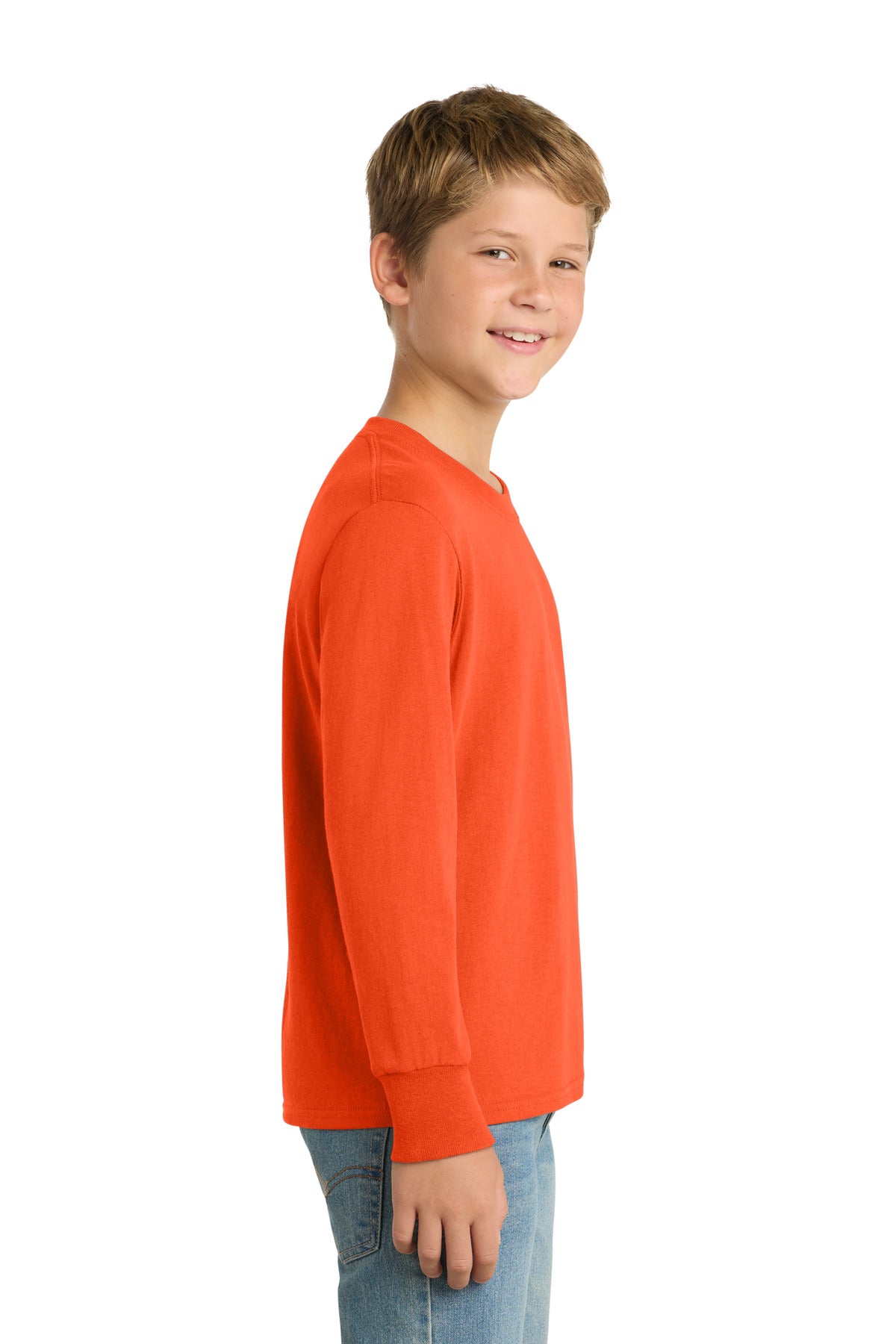 Orange Port & Company Youth Long Sleeve Core Cotton Tee. PC54YLS