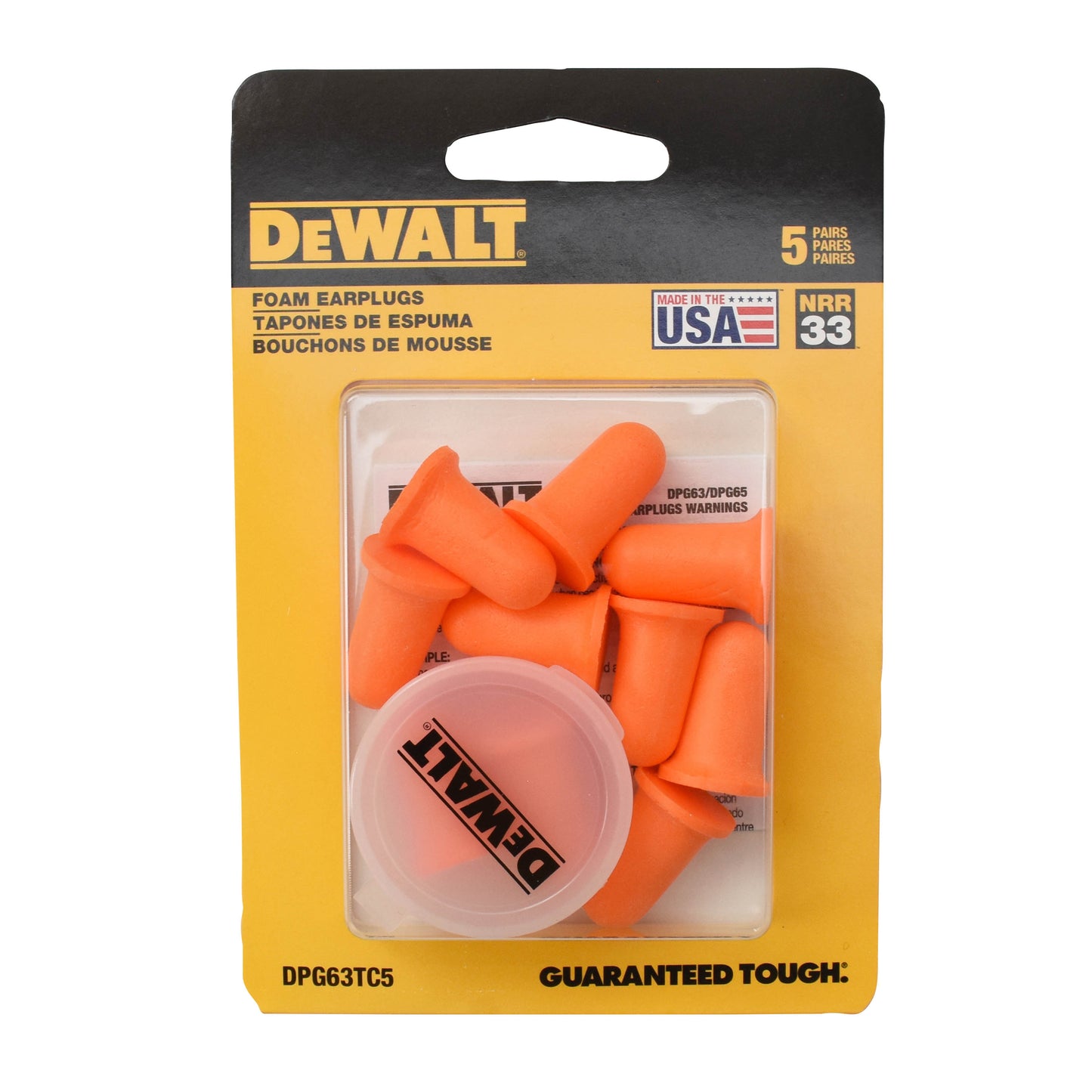 DPG63 Bell Shape Disposable Foam Earplugs - Uncorded - Blister Pack of 5 Pair with Carry Case