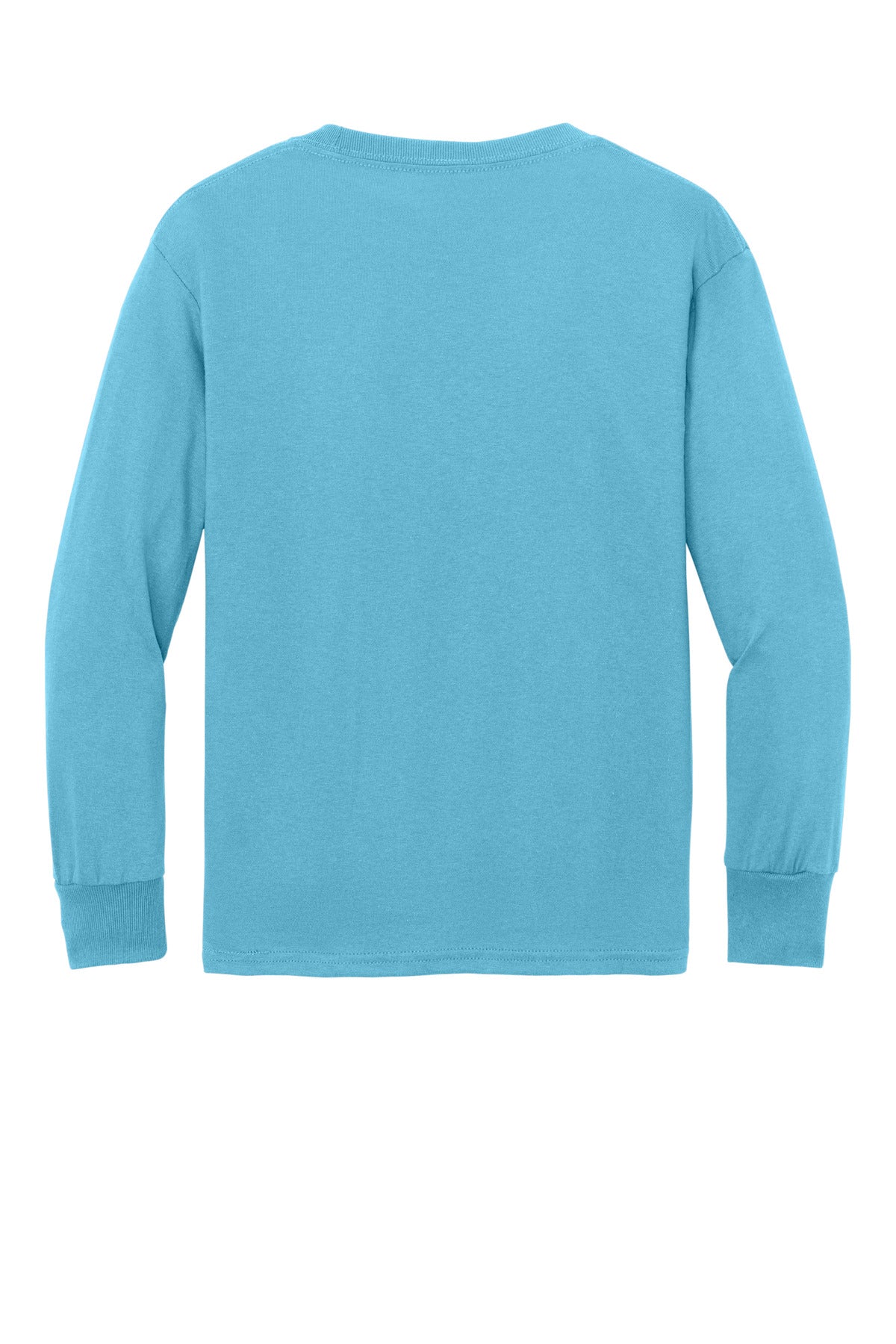 Rear View of Aquatic Blue Port & Company Youth Long Sleeve Core Cotton Tee. PC54YLS