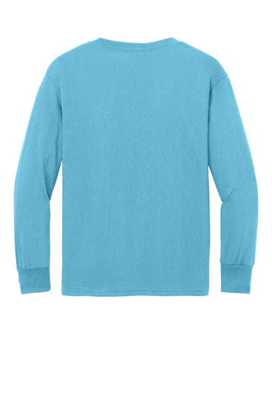 Rear View of Aquatic Blue Port & Company Youth Long Sleeve Core Cotton Tee. PC54YLS