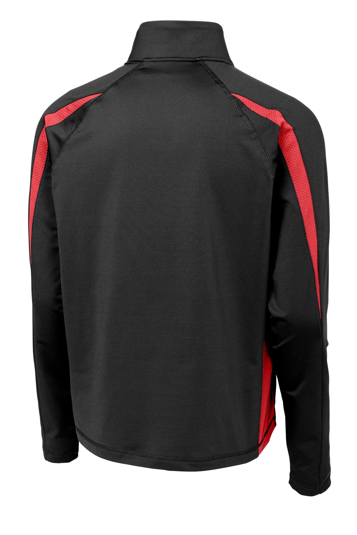 Rear View of Black/True Red Sport-Tek Sport-Wick Stretch 1/2-Zip Colorblock Pullover. ST851