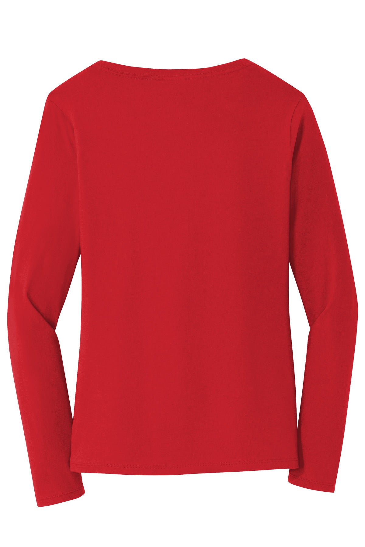 Rear View of Bright Red Port & Company Women's Long Sleeve Fan Favorite V-Neck Tee. LPC450VLS