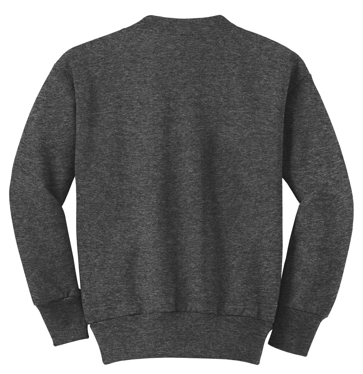 Rear View of Dark Hthr Grey Port & Company Youth Core Fleece Crewneck Sweatshirt. PC90Y