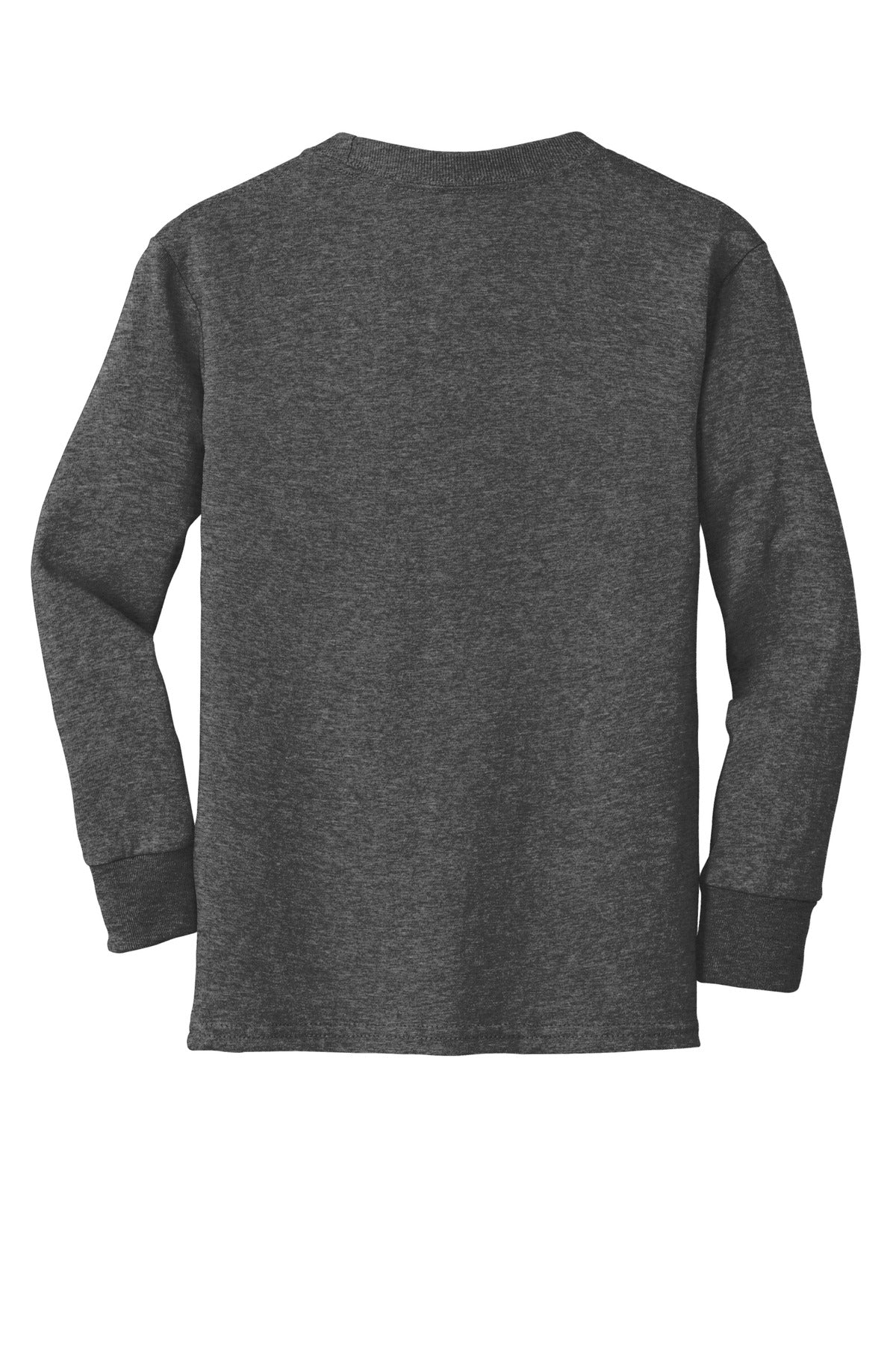 Rear View of Dark Hthr Grey Port & Company Youth Long Sleeve Core Cotton Tee. PC54YLS