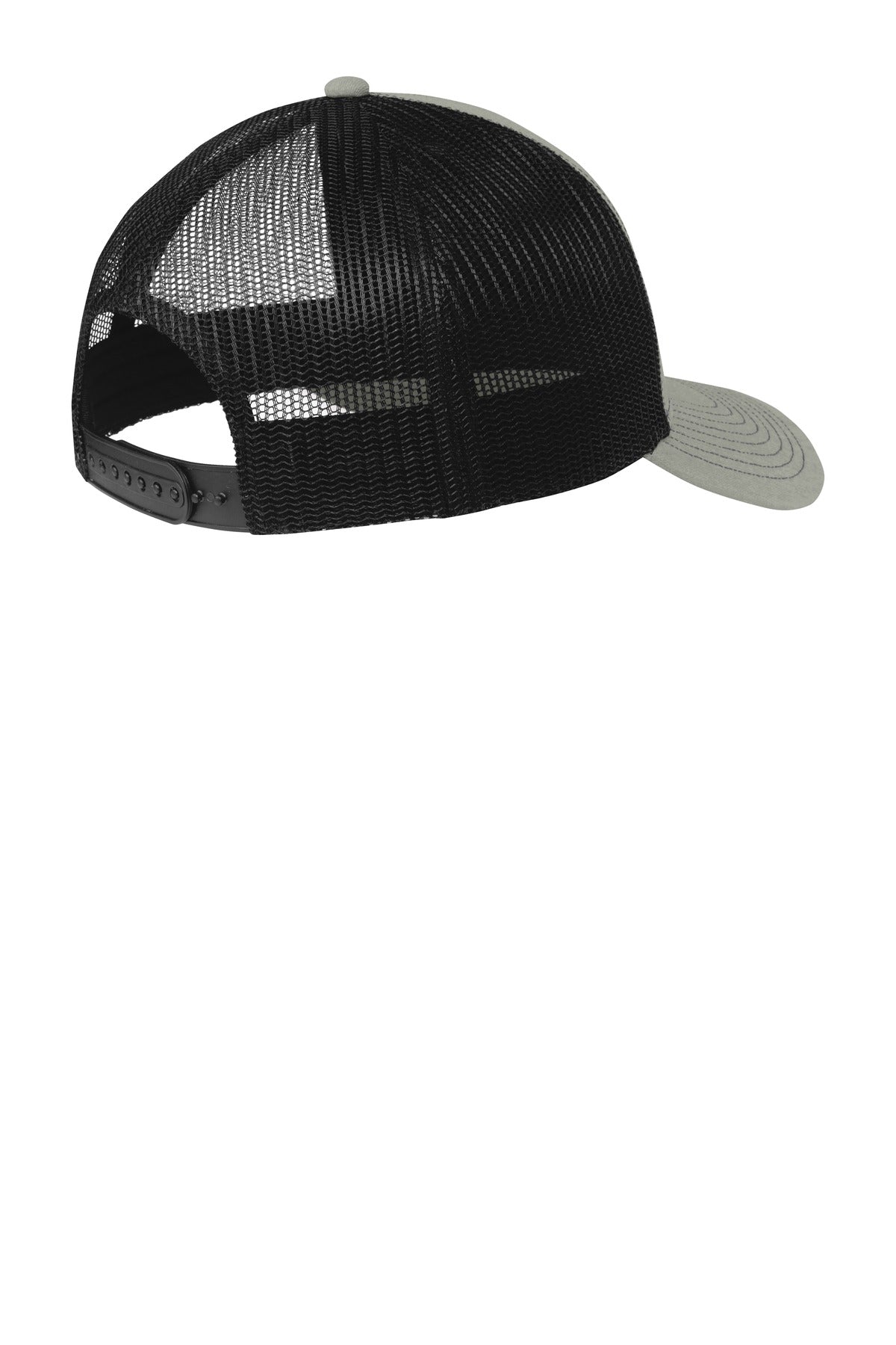 Rear View of Heather Gry/Bk Port Authority Snapback Trucker Cap. C112