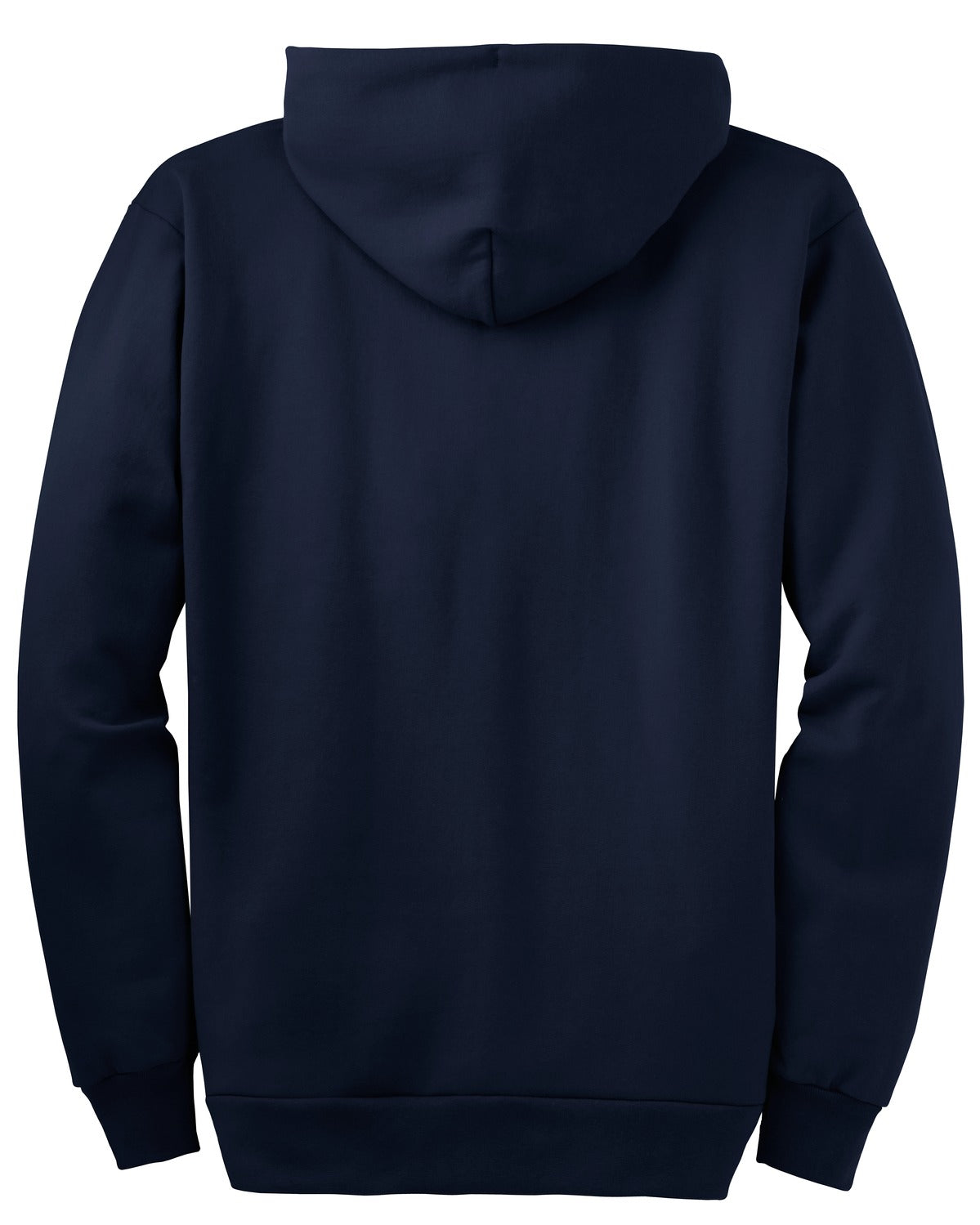 Rear View of Navy Port & Company Essential Fleece Full-Zip Hooded Sweatshirt. PC90ZH