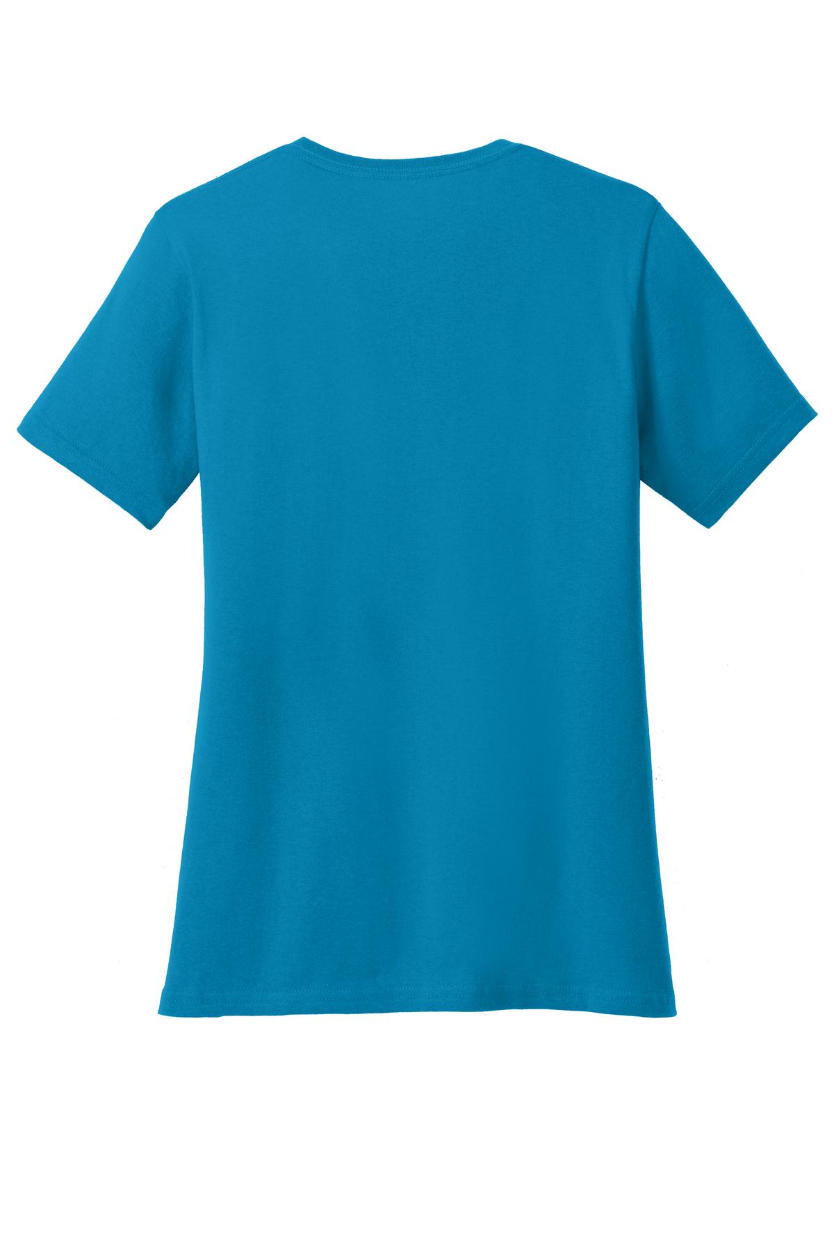 Rear View of Neon Blue Port & Company Women's Core Cotton Tee. LPC54