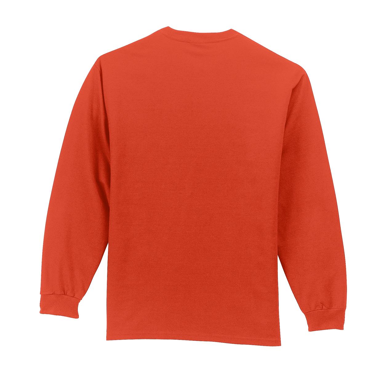 Rear View of Orange Port & Company Long Sleeve Essential Pocket Tee. PC61LSP