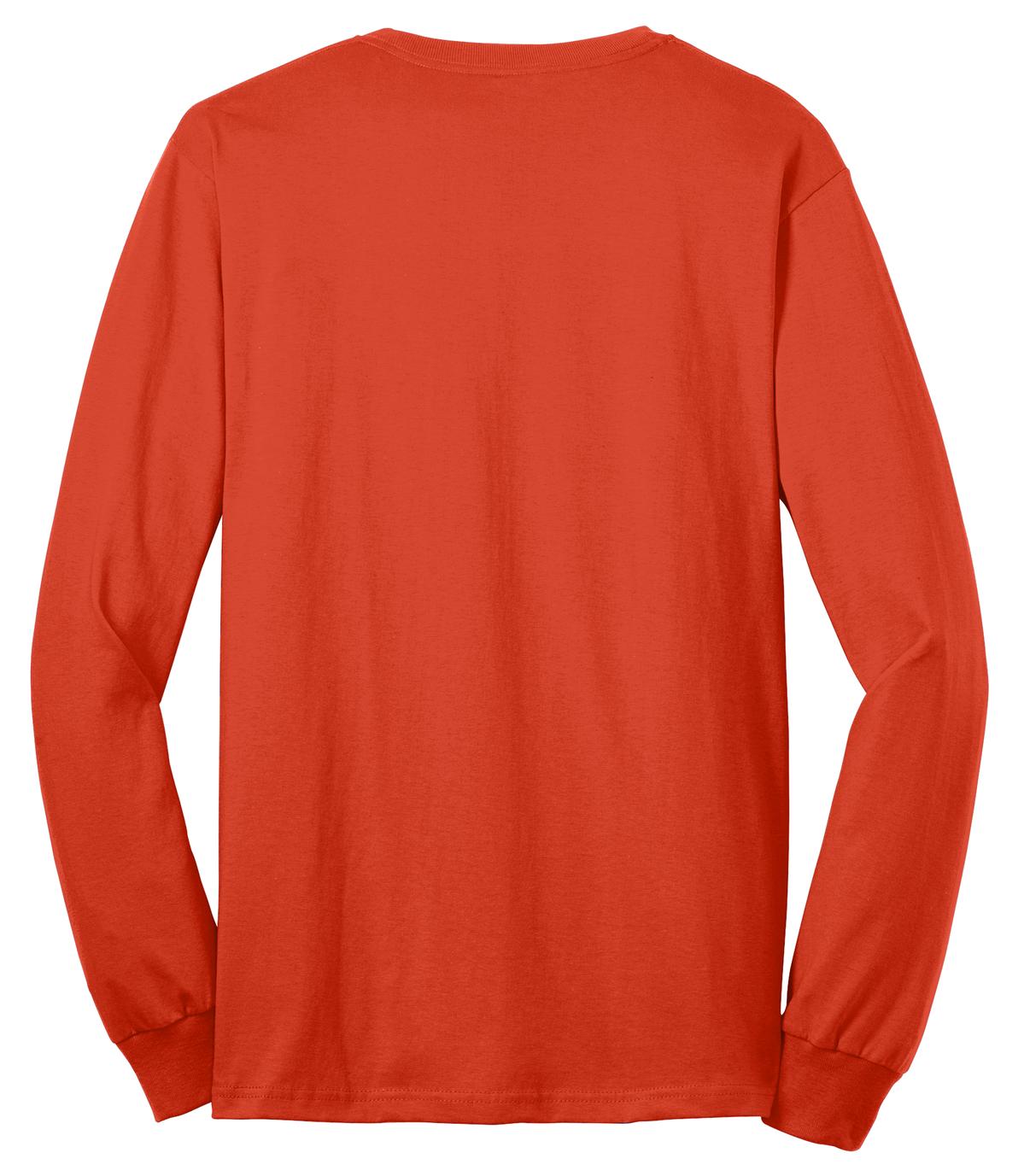 Rear View of Orange Port & Company Tall Long Sleeve Core Blend Tee. PC55LST