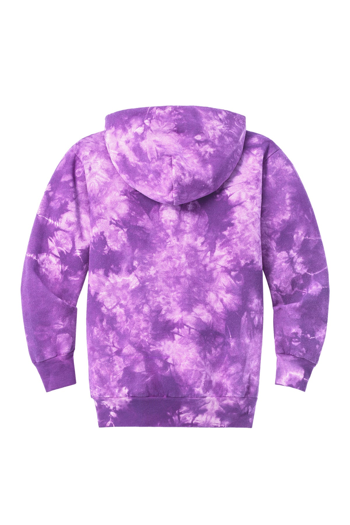 Rear View of Purple Port & Company Youth Crystal Tie-Dye Pullover Hoodie PC144Y