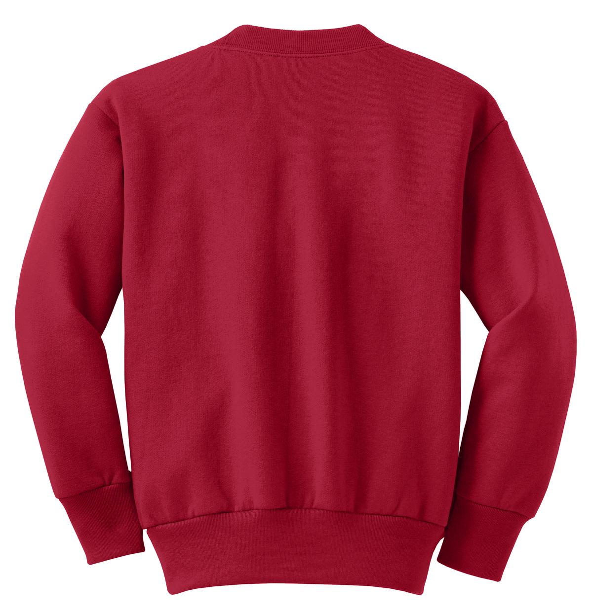 Rear View of Red Port & Company Youth Core Fleece Crewneck Sweatshirt. PC90Y