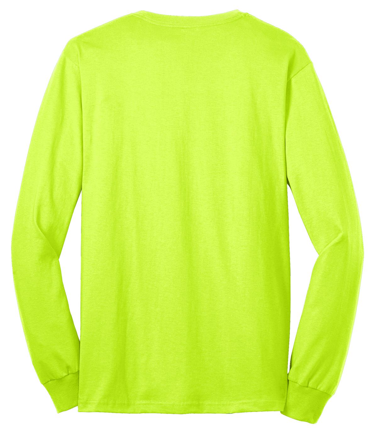 Rear View of Safety Green Port & Company Tall Long Sleeve Core Blend Tee. PC55LST
