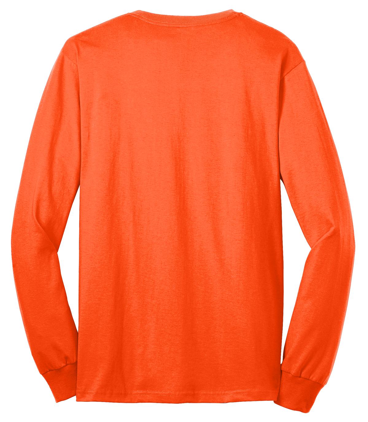 Rear View of Safety Orange Port & Company Tall Long Sleeve Core Blend Tee. PC55LST
