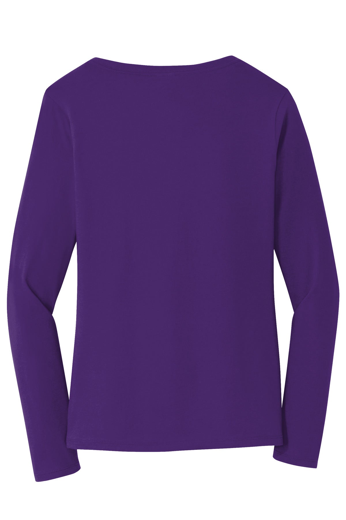 Rear View of Team Purple Port & Company Women's Long Sleeve Fan Favorite V-Neck Tee. LPC450VLS