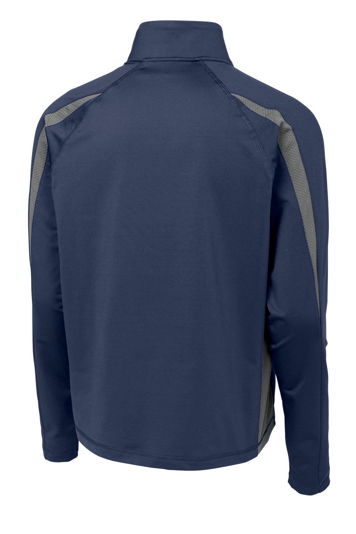 Rear View of Tr Nvy/Char Gy Sport-Tek Sport-Wick Stretch 1/2-Zip Colorblock Pullover. ST851