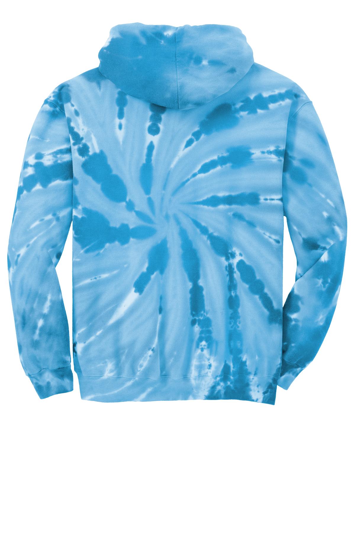 Rear View of Turquoise Port & Company Tie-Dye Pullover Hooded Sweatshirt. PC146