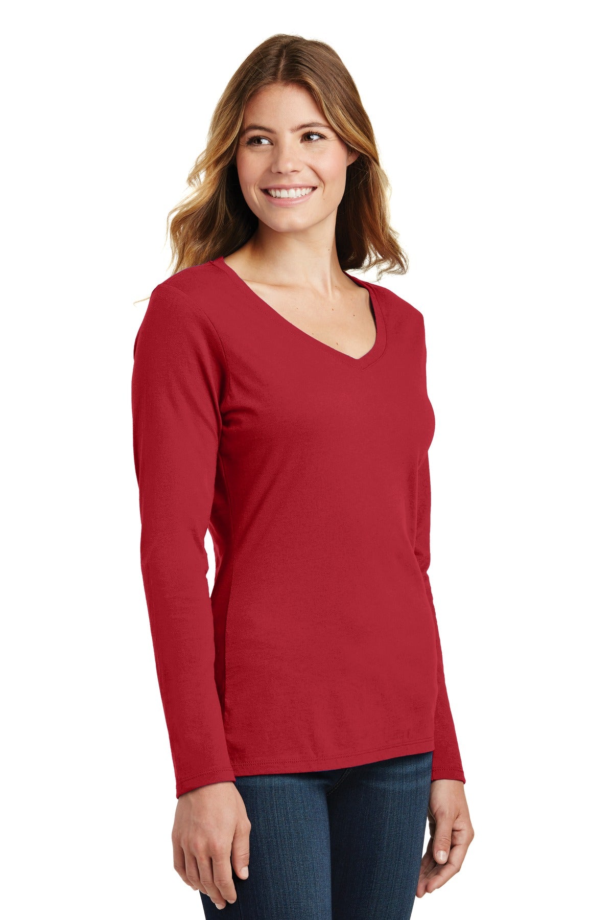 Team Cardinal Port & Company Women's Long Sleeve Fan Favorite V-Neck Tee. LPC450VLS
