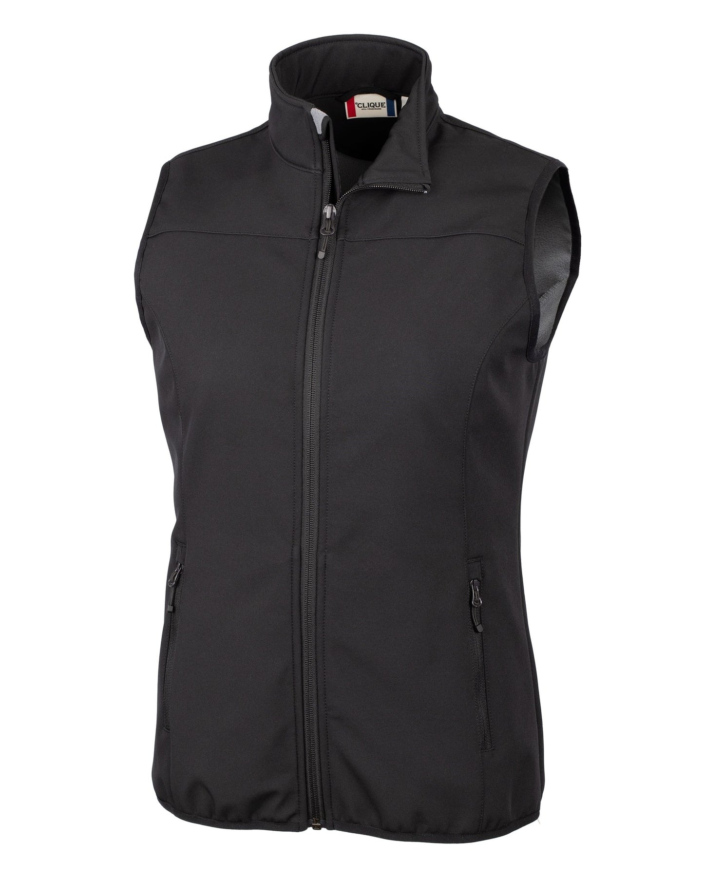 Front View of Black Clique Trail Eco Stretch Softshell Women's Full Zip Vest - XS