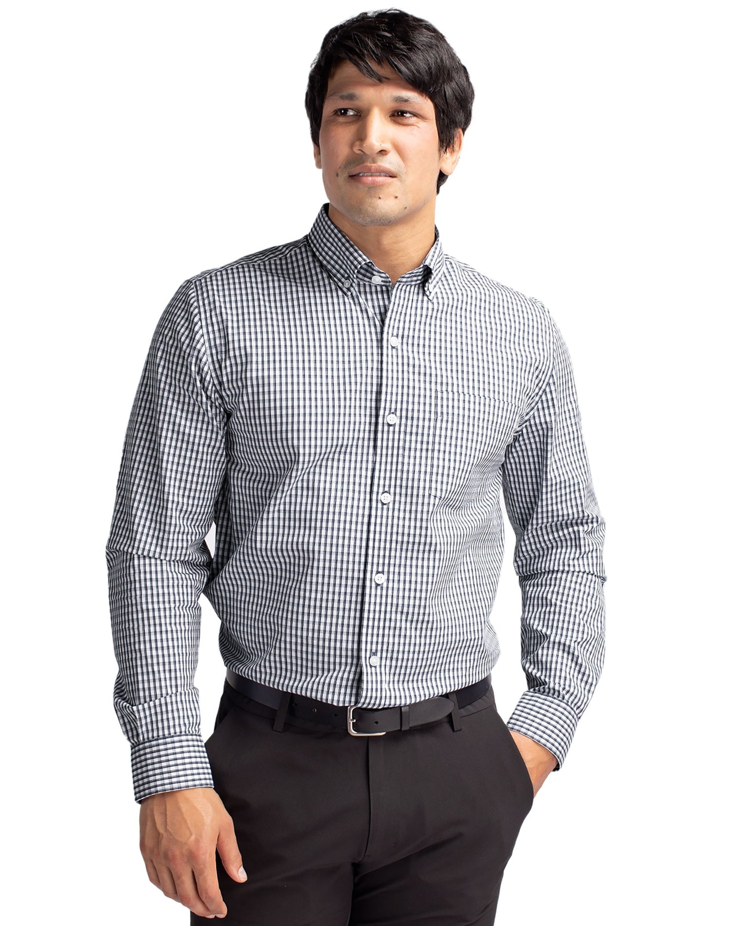 Charcoal Cutter & Buck Easy Care Stretch Gingham Mens Long Sleeve Dress Shirt - S