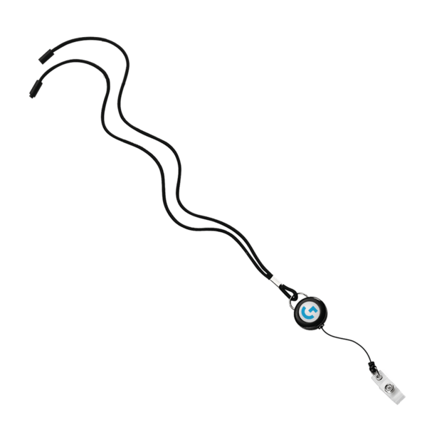 Imported 1/8" Polyester Cord Lanyard with Silver Crimp, Badge Reel, and Back of Neck Plastic Barrel Convenience Release.