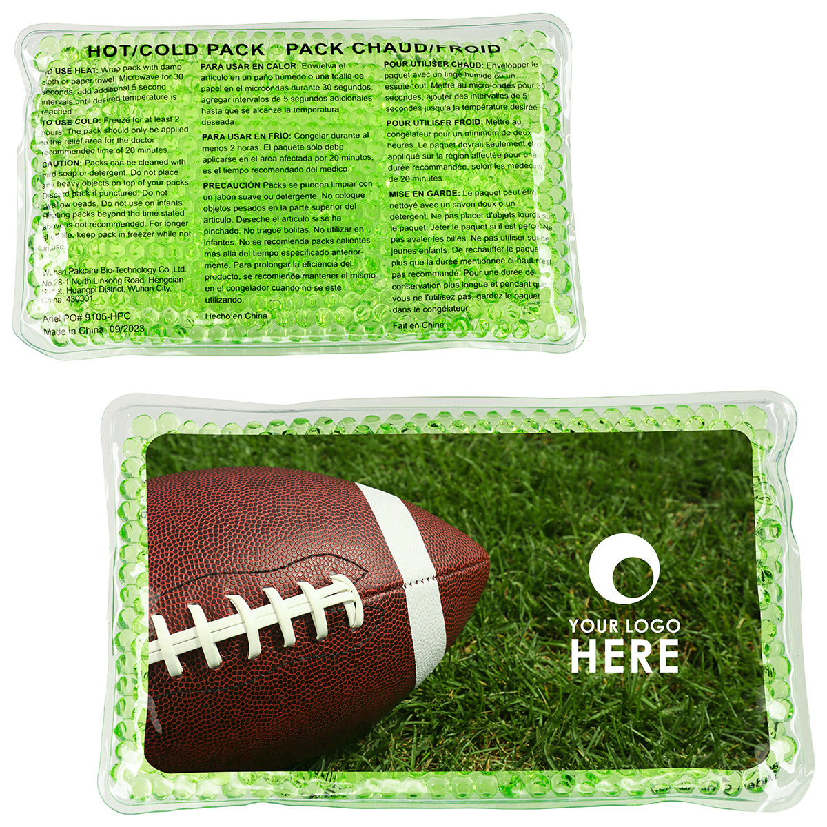 Green Football Large Rectangle Aqua Pearls™ Hot/Cold Pack