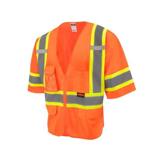 SV232-3 Two Tone Surveyor Type R Class 3 Mesh Safety Vest with Dual Side Zippers - Orange - Size XL