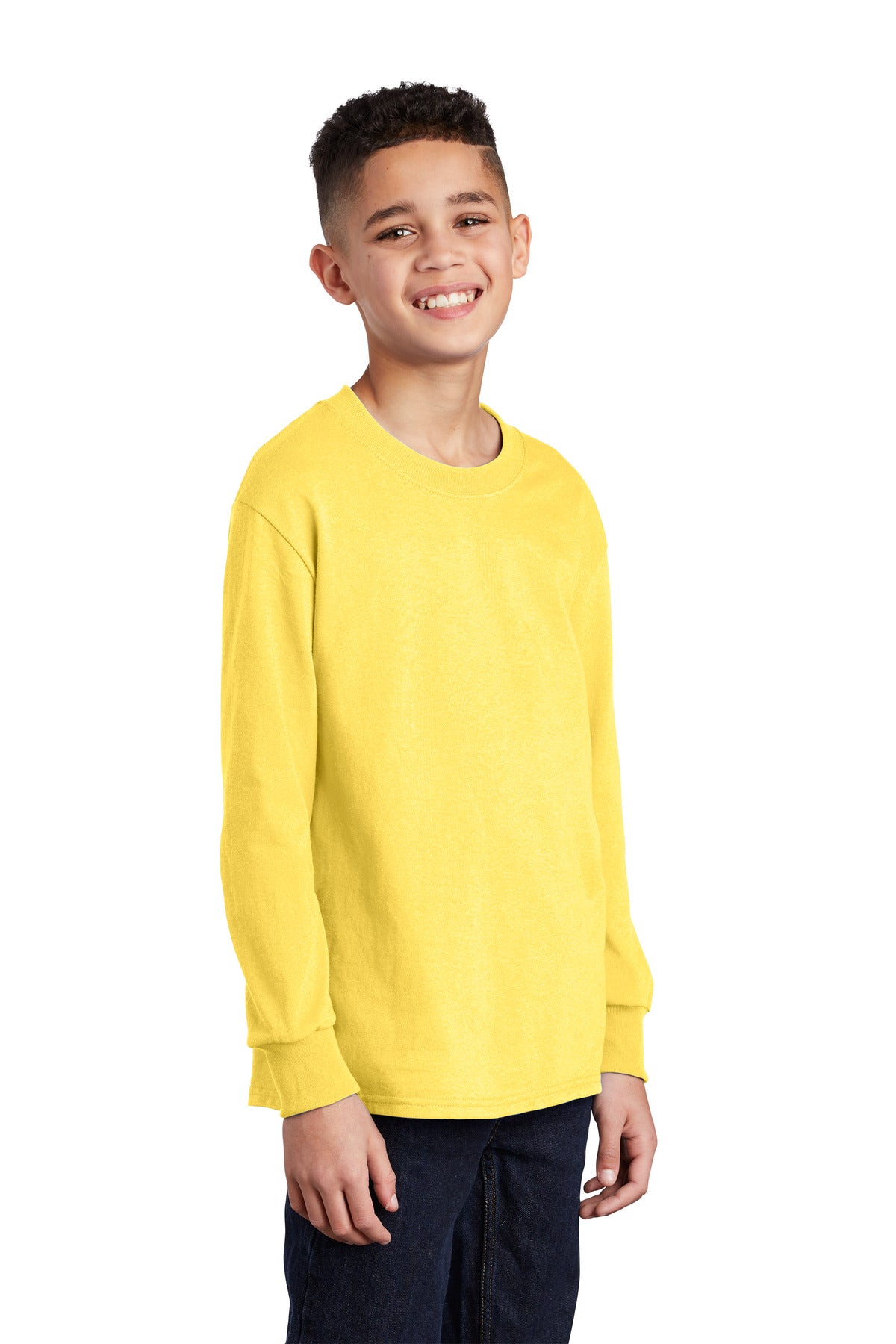 Yellow Port & Company Youth Long Sleeve Core Cotton Tee. PC54YLS