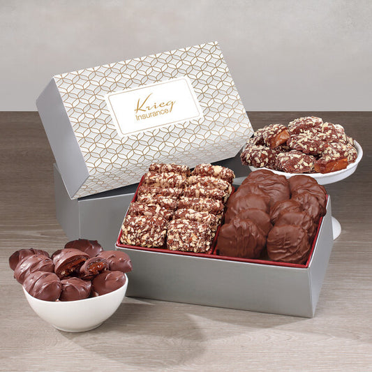 Toffee & Pecan Clusters in Gift Box with Silver & Gold Geometric Sleeve