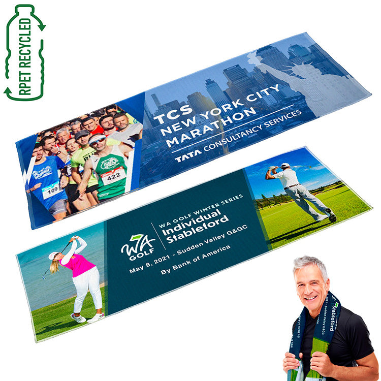 "THE WHITAKER” Full Color Sublimation Recycled RPET Cooling Towel – 12” W x 32” H