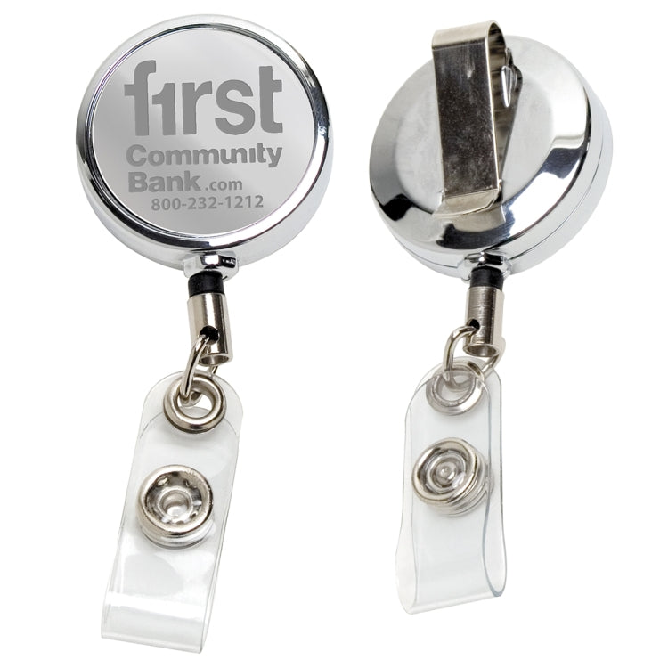 30" Cord Chrome Solid Metal Retractable Badge Reel and Badge Holder with Laser Imprint Only