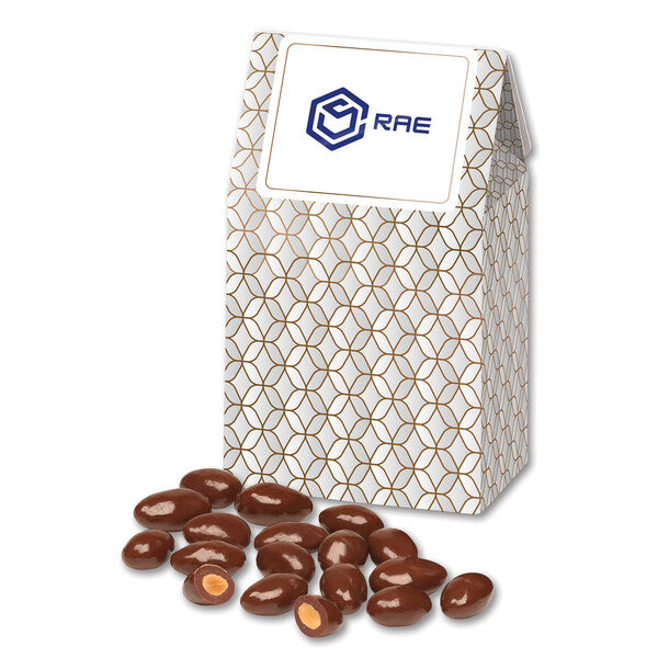 Chocolate Covered Almonds in Silver & Gold Geometric Gable Top Gift Box